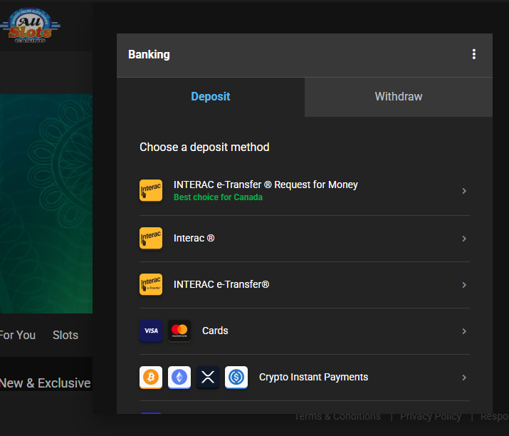 All Slots Casino Ontario payment methods