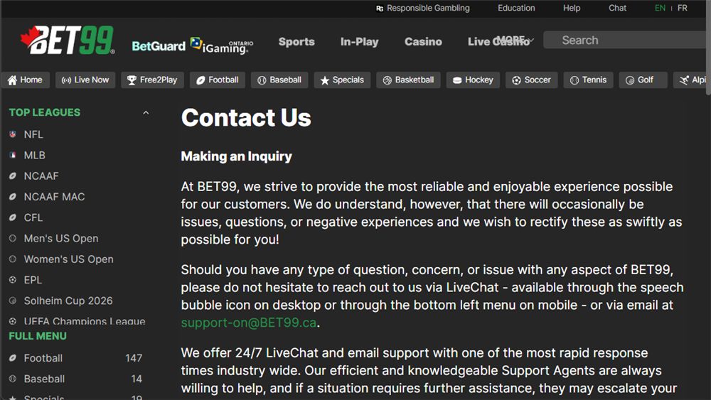 Bet99 Ontario contact and support page