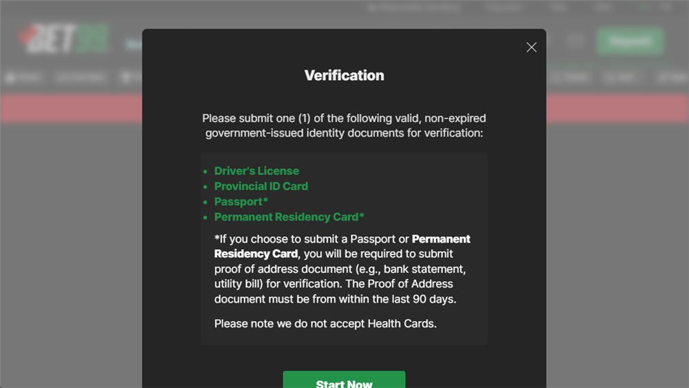 Bet99 Ontario account verification screen