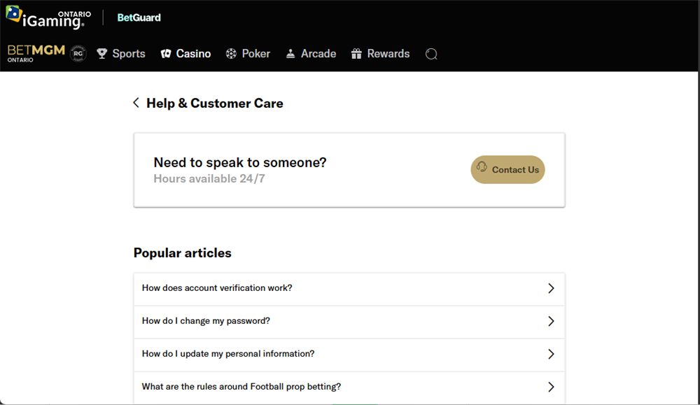 BetMGM Ontario help and customer care page