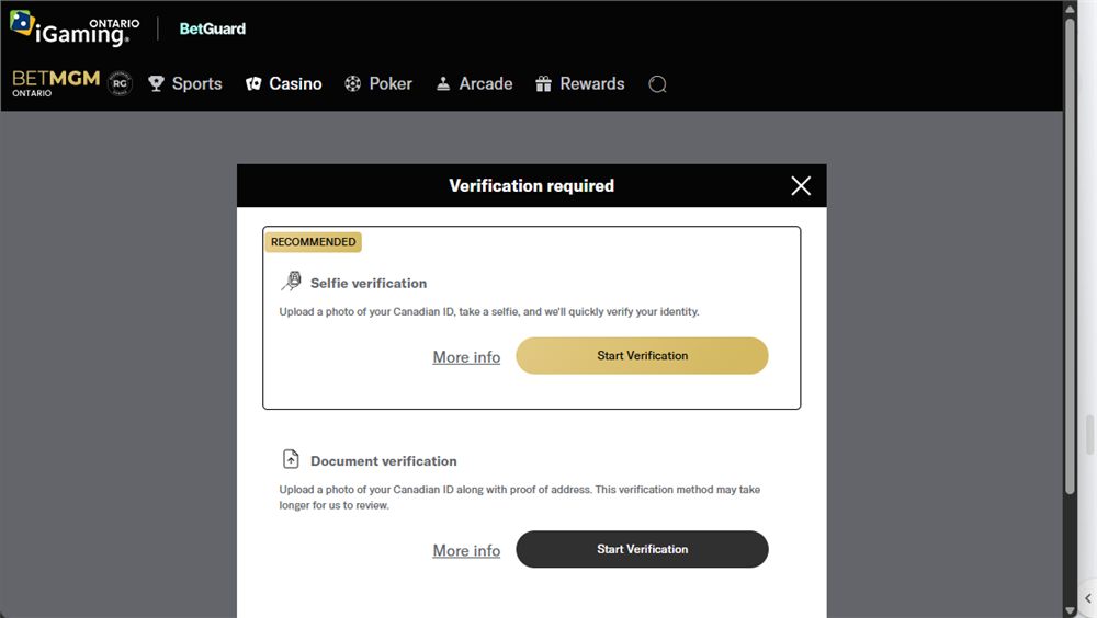 BetMGM Ontario account verification screen