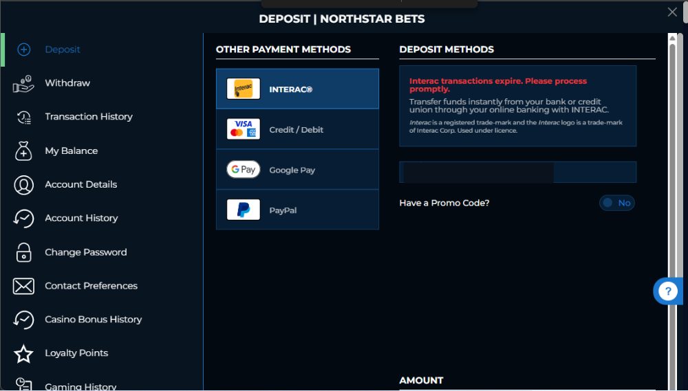 NorthStar Bets Ontario deposit page and payment methods