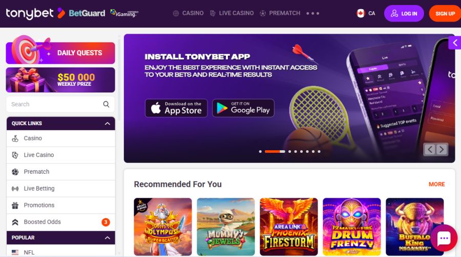 The TonyBet Ontario casino homepage