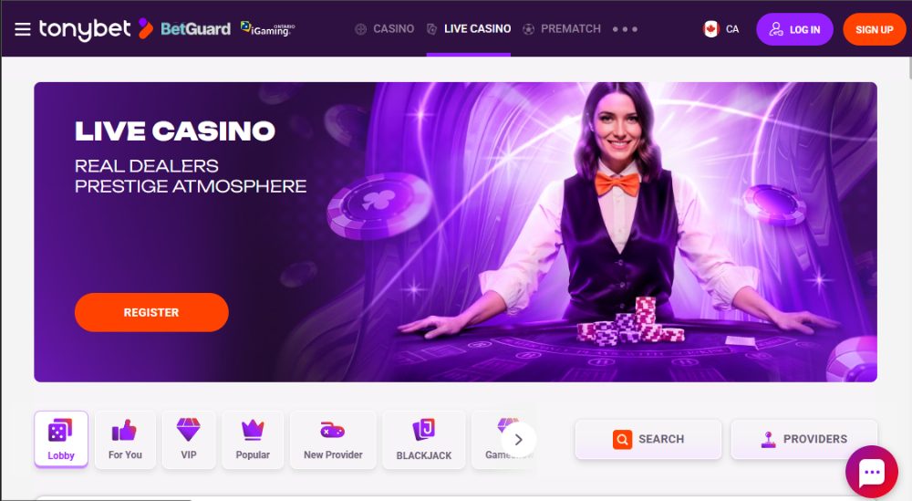 TonyBet Ontario live casino section with real dealers