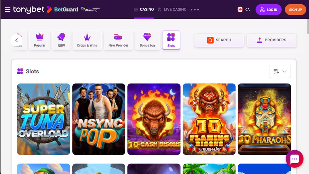 The TonyBet Ontario slots lobby with category tabs