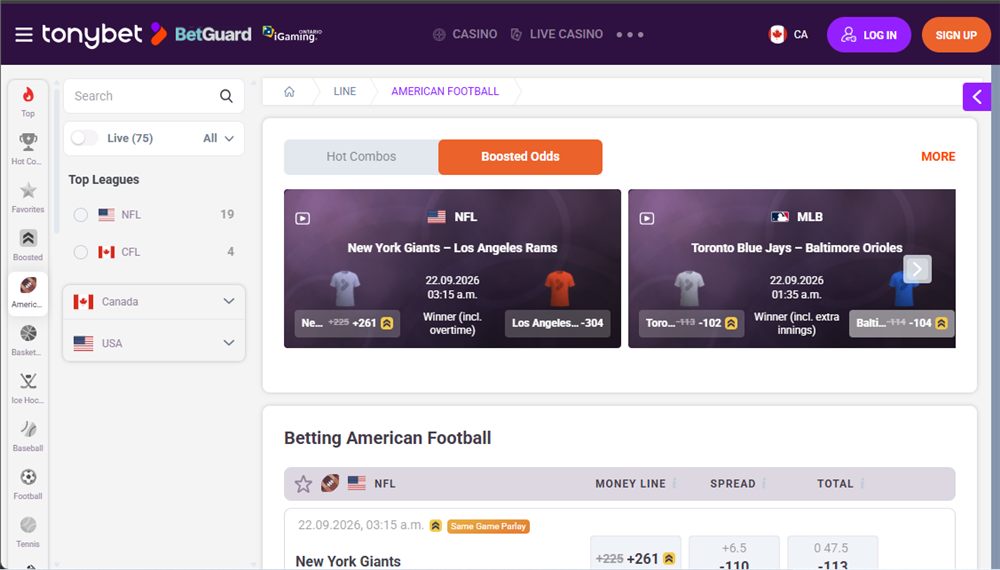 TonyBet Ontario American football betting with moneyline, spread and total markets