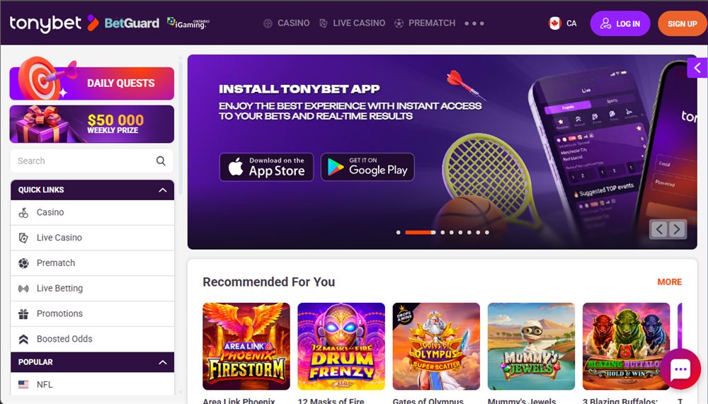 TonyBet Ontario Sportsbook homepage with app banner and quick links