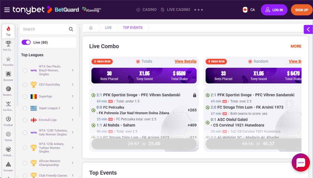 TonyBet Ontario live betting section with the Live Combo bet builder