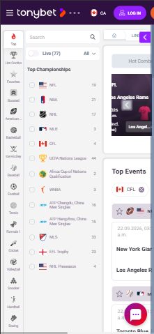 TonyBet Ontario sportsbook on mobile showing the sports championships list