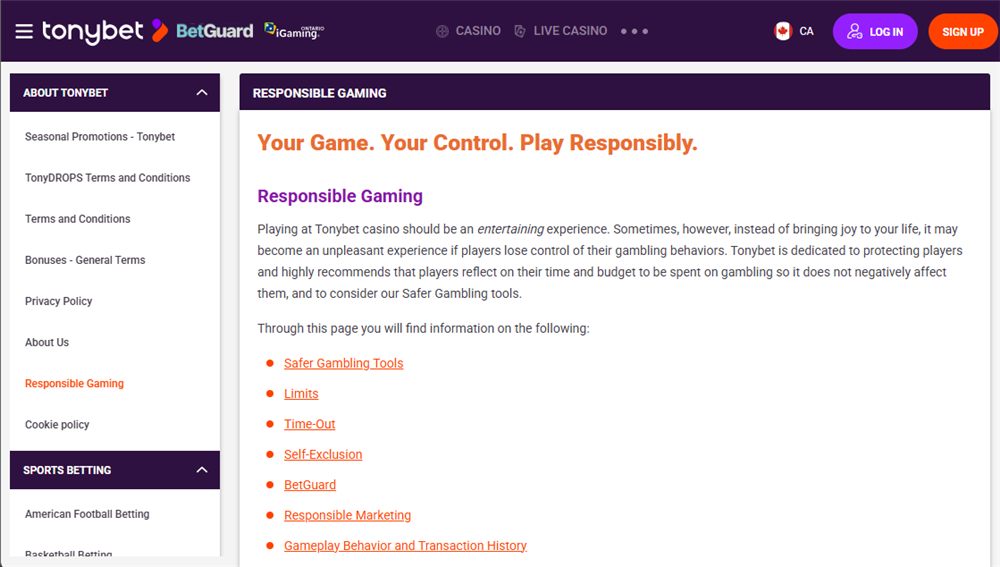 TonyBet Ontario responsible gaming and Safer Gambling tools page