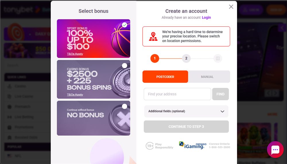 TonyBet Ontario sign-up step 2 — entering your address with Postcoder