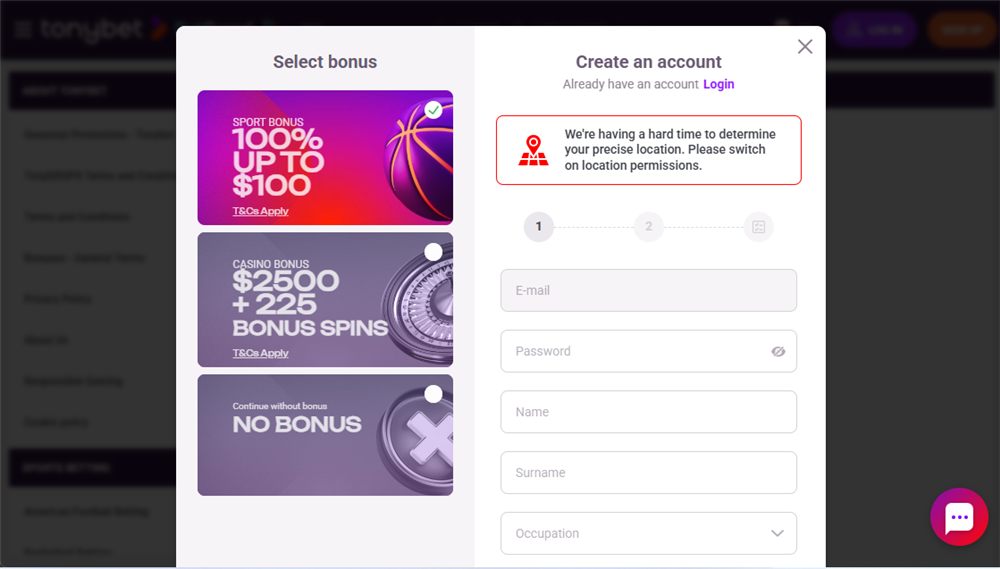 Creating a TonyBet Ontario account — bonus selection and registration form
