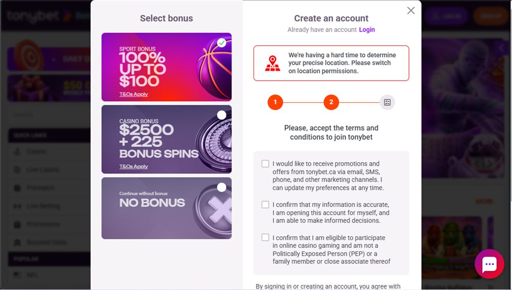 TonyBet Ontario sign-up — confirming the terms and conditions