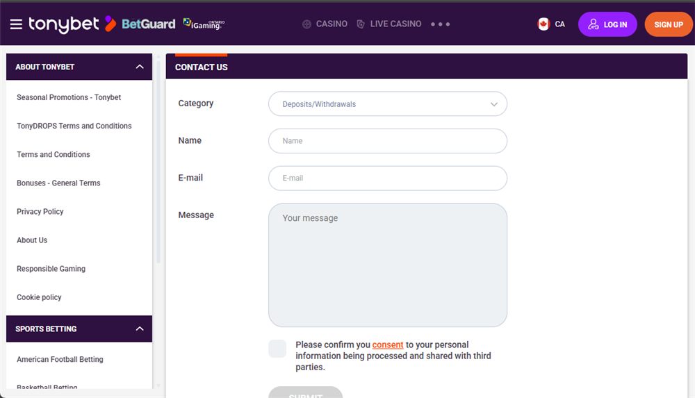 TonyBet Ontario Contact Us form for customer support