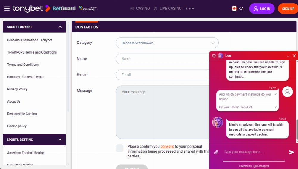 TonyBet Ontario contact form and live chat